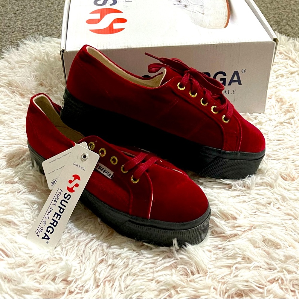 Superga red velvet platform sneakers sz 7.5